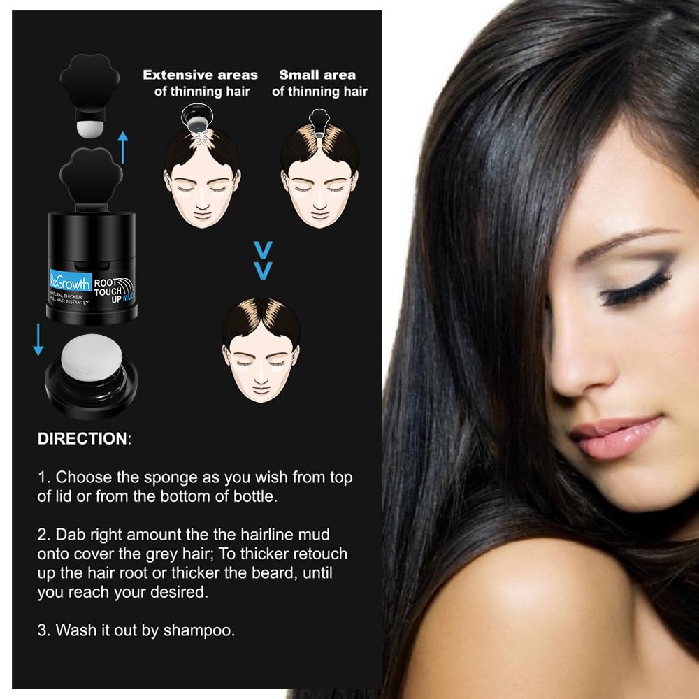 REGROWTH Root Touch-Up Mud Powder for Grey Hair & Bald Spots - Sweat & Stain Resistant Hair Concealer for Men & Women - 48HR Formula, Fuller Look, Covers Roots & Thinning Hair, 6g