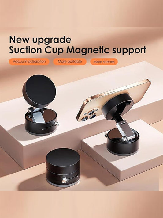 Gadget 360 Vacuum Magnetic Phone Holder Hands Free, Foldable Suction Mount, Strong Grip for Mirror, Shower, Gym, Car, Kitchen and Universal Magnetic Phone Stand - Black