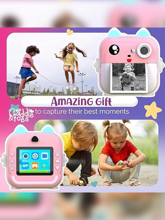 Imported Best Quaity Instant Print Camera For Kids - 1080P HD, 48MP, SD Card, Bluetooth, Free App, 3 Rolls Print Paper, Stickers, Fun Filters, Gift For Boys And Girls - Pink Camera For Kids 4-12 Y (Pink)