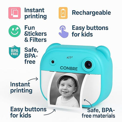Imported Best Quality Kids Instant Print Camera with 4 Games – 3-in-1 Digital Camera for Boys & Girls Ages 3-12 | Print Photos & Record Videos | Supports 64GB SD, Gift-Ready - 2 Rolls (Teddy)