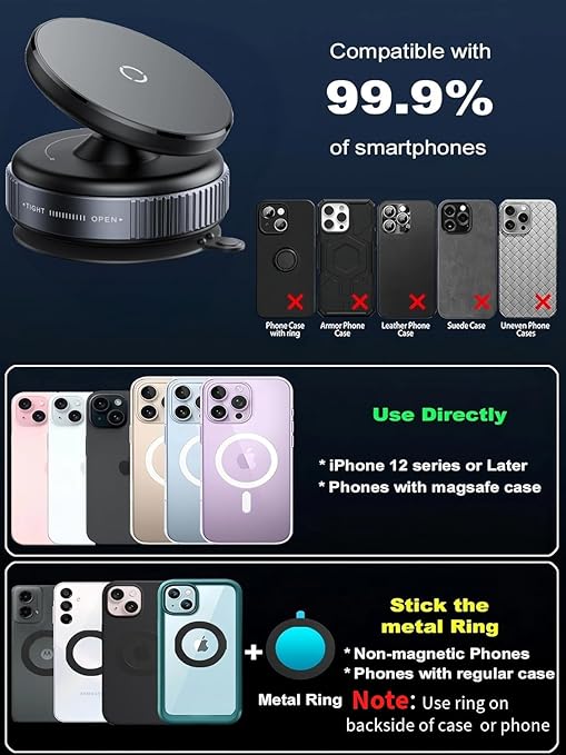 Sale 360° Vaccum Magnetic Phones Holder, Magnetic Car Phone Mount, Hands-Free Suction Cup Phones Holder for Car/Gym/Mirror/Shower, Car Mount Compatible with All Mobile (Non-Extended) (K009)