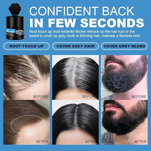 ReGrowth Hair Root Touch-Up Mud Powder | Instantly Conceals hair loss, Bald Patch and Grey hair | Root Cover up | Sweat Resistant and Stain Proof 24 hour Formula (Black).