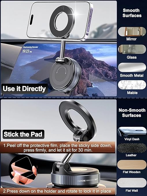 360° Vaccum Magnetic Phones Holder, Magnetic Car Phone Mount, Hands-Free Suction Cup Phones Holder for Car/Gym/Mirror/Shower, Car Mount Compatible All Mobile (Extended)