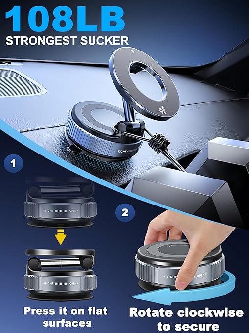 Premium Upgraded 360° Magnetic Mobile Phone Holder, Strong Vacuum Suction, Foldable Design, Magna Ring Mount for Car, Reels, Mirror & Smooth Surfaces-Universal Compatibility