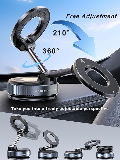Premium Upgraded 360° Magnetic Mobile Phone Holder, Strong Vacuum Suction, Foldable Design, Magna Ring Mount for Car, Reels, Mirror & Smooth Surfaces-Universal Compatibility