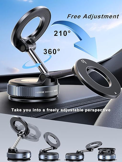Premium Upgraded 360° Magnetic Mobile Phone Holder, Strong Vacuum Suction, Foldable Design, Magna Ring Mount for Car, Reels, Mirror & Smooth Surfaces-Universal Compatibility