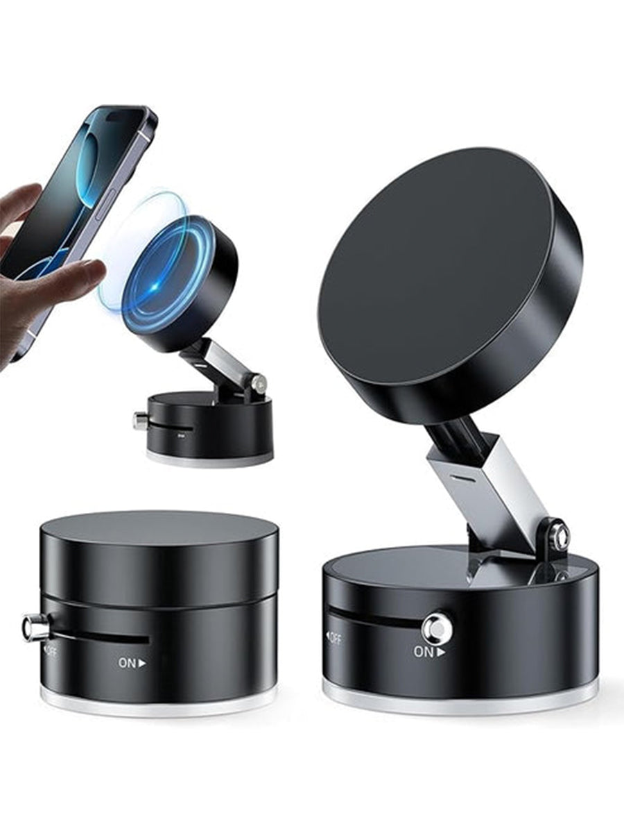 Gadget 360 Vacuum Magnetic Phone Holder Hands Free, Foldable Suction Mount, Strong Grip for Mirror, Shower, Gym, Car, Kitchen and Universal Magnetic Phone Stand - Black