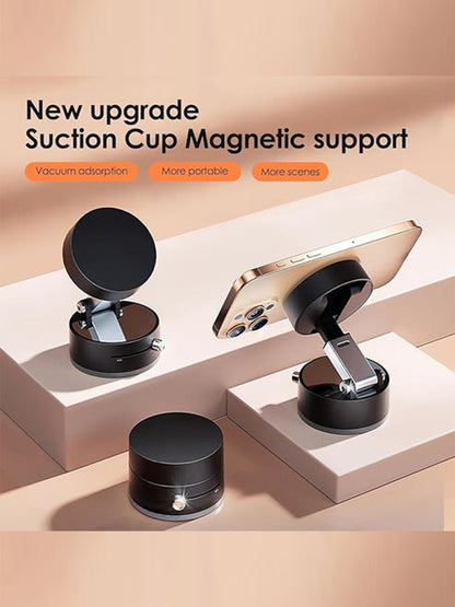 Gadget 360 Vacuum Magnetic Phone Holder Hands Free, Foldable Suction Mount, Strong Grip for Mirror, Shower, Gym, Car, Kitchen and Universal Magnetic Phone Stand - Black