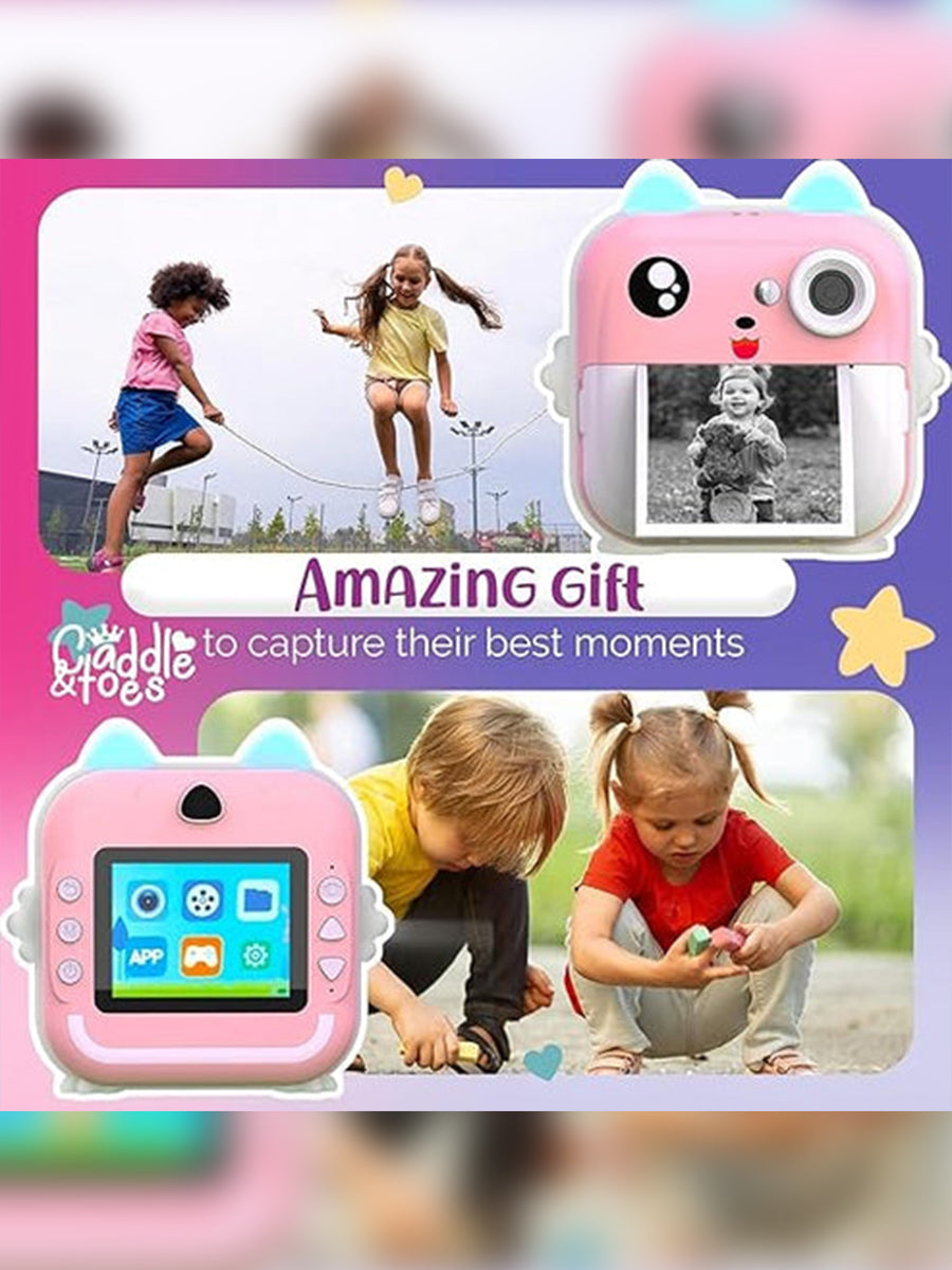 Imported Best Quaity Instant Print Camera For Kids - 1080P HD, 48MP, SD Card, Bluetooth, Free App, 3 Rolls Print Paper, Stickers, Fun Filters, Gift For Boys And Girls - Pink Camera For Kids 4-12 Y (Pink)