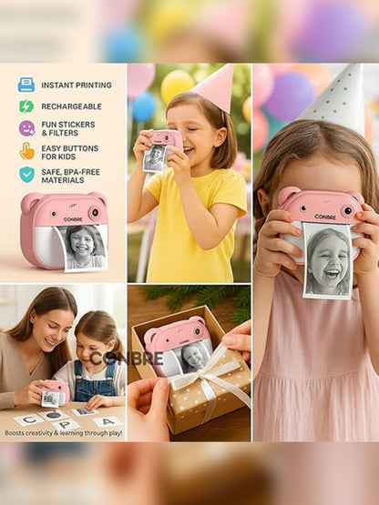 Imported Best Quality Kids Instant Print Camera with 4 Games – 3-in-1 Digital Camera for Boys & Girls Ages 3-12 | Print Photos & Record Videos | Supports 64GB SD, Gift-Ready - 2 Rolls (Teddy)