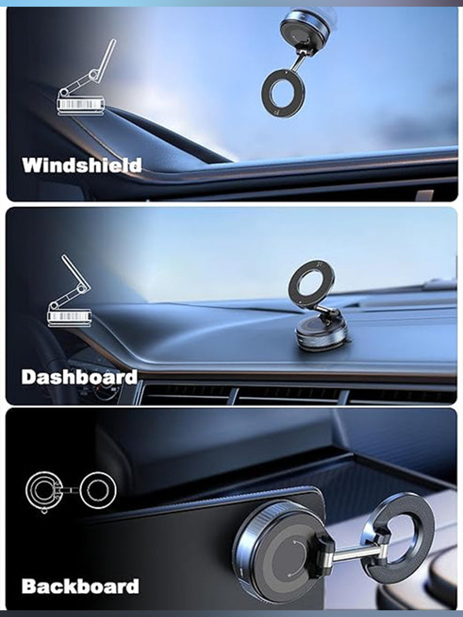 Premium Upgraded 360° Magnetic Mobile Phone Holder, Strong Vacuum Suction, Foldable Design, Magna Ring Mount for Car, Reels, Mirror & Smooth Surfaces-Universal Compatibility
